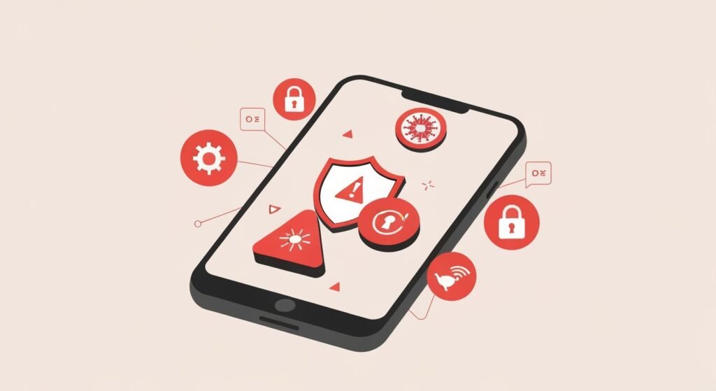 Écran de smartphone avec alerte de sécurité et symboles de menaces numériques en design minimaliste