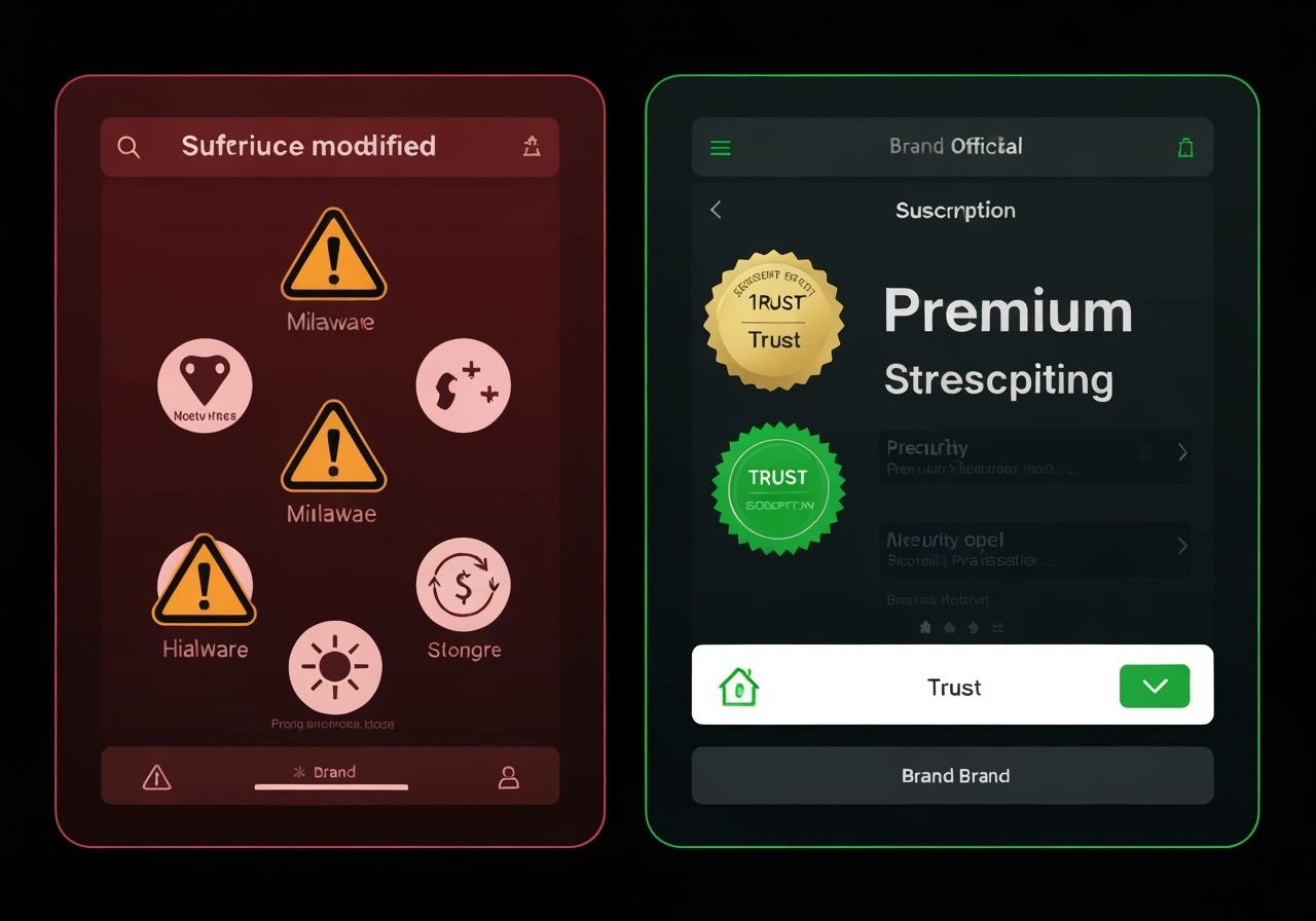 Comparaison entre application modifiée dangereuse et service de streaming légitime avec badges de confiance