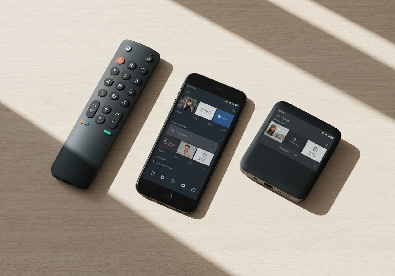 Comparaison de trois appareils de streaming : télécommande, smartphone et box HDMI sur surface claire.