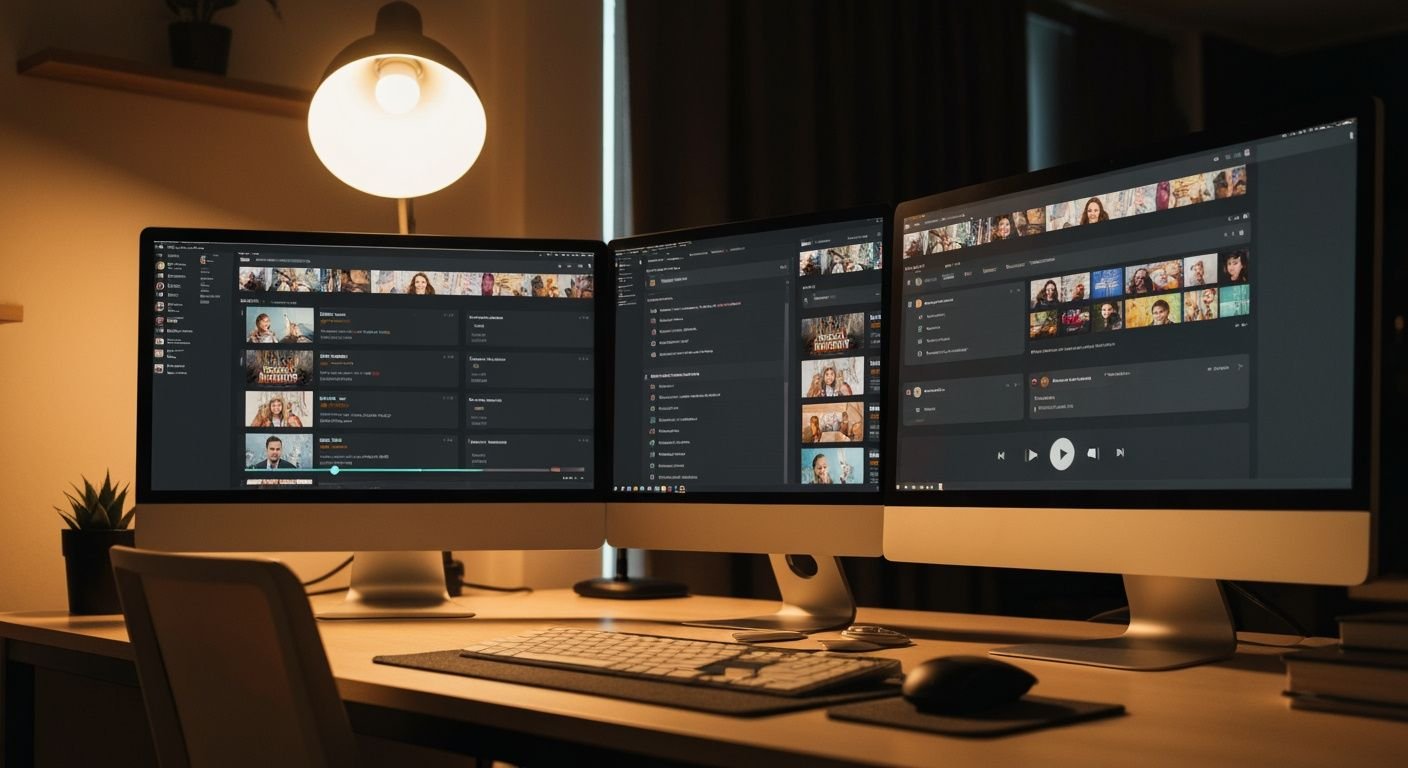 Ordinateur de bureau avec lecteur IPTV affichant des chaînes et contrôles de lecture