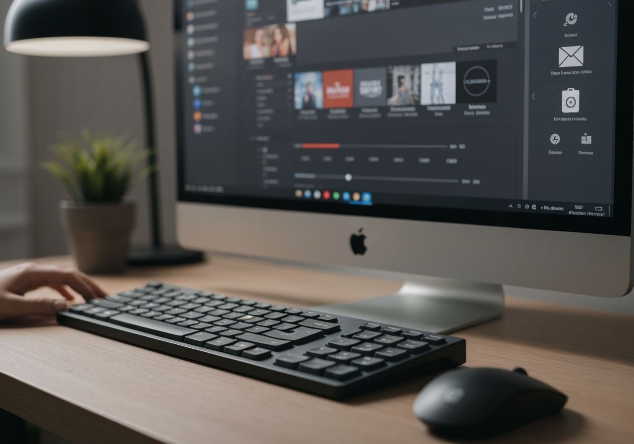 Configuration de bureau avec souris, clavier et lecteur IPTV sur écran d'ordinateur