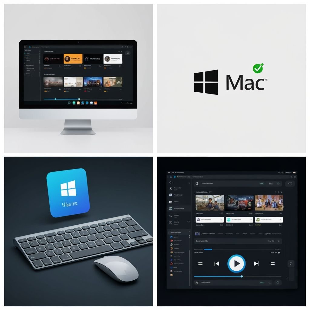 Quatre panneaux comparant applications IPTV, compatibilité Windows/Mac, contrôles de lecture et interfaces de lecteurs