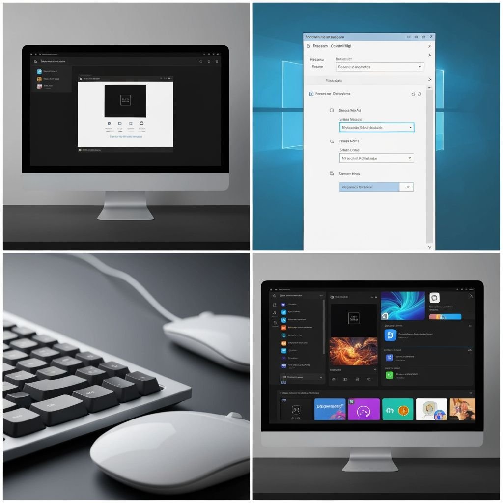 Quatre panneaux montrant configuration PC, paramètres Windows, clavier souris et applications de streaming sur bureau