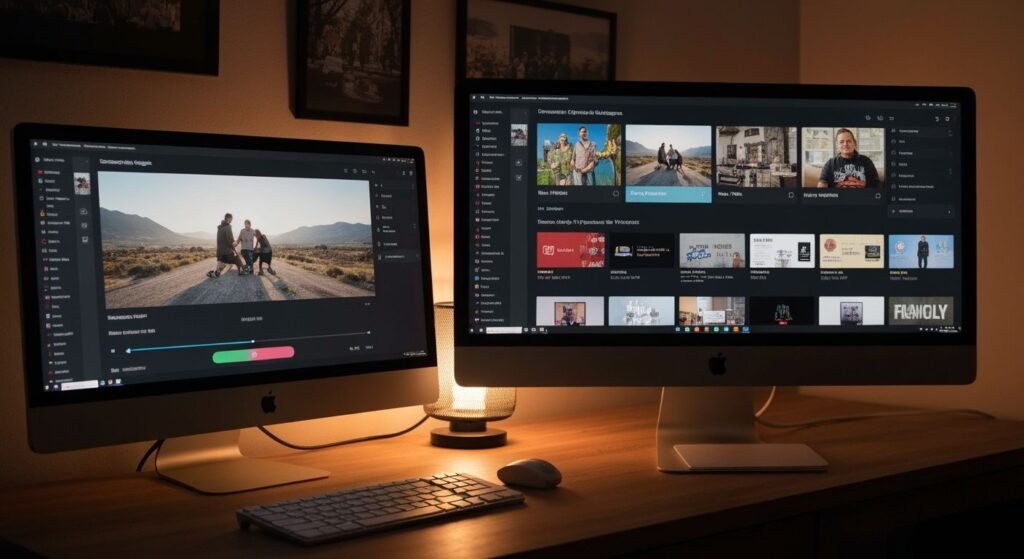 Ordinateur de bureau avec lecteur IPTV affichant des chaînes TV sur écran