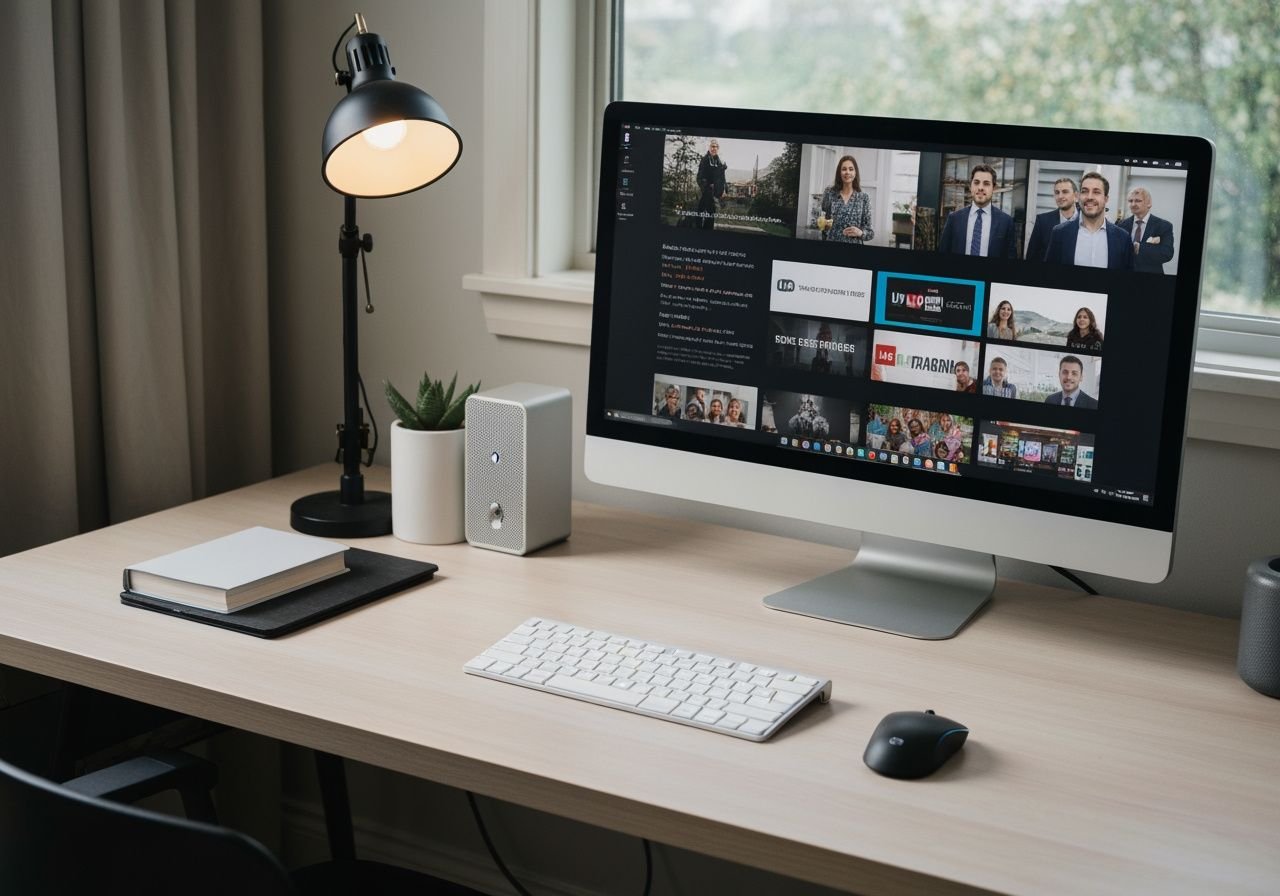 Configuration de bureau professionnel avec PC et lecteur streaming IPTV actif