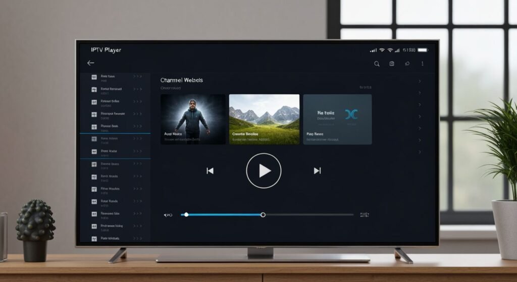 Interface du lecteur IPTV Pro affichant les contrôles de lecture et la liste des chaînes sur un téléviseur moderne.