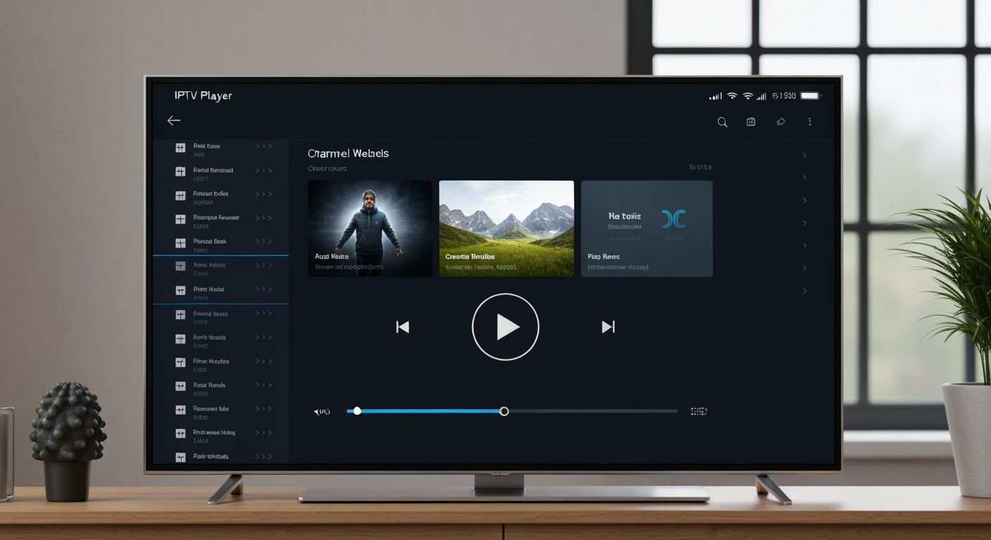 Interface du lecteur IPTV Pro affichant les contrôles de lecture et la liste des chaînes sur un téléviseur moderne.