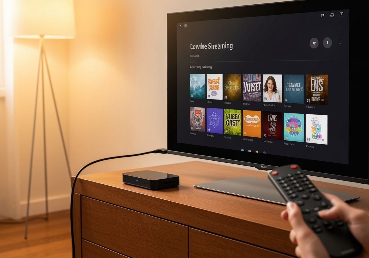 Boîtier de streaming connecté à une TV moderne avec télécommande pour accéder aux applications IPTV.
