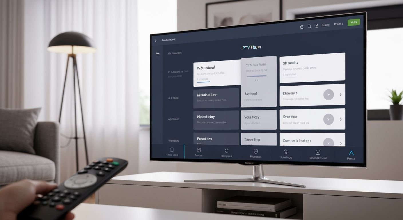 Interface d'application IPTV professionnelle sur Smart TV moderne en salon contemporain