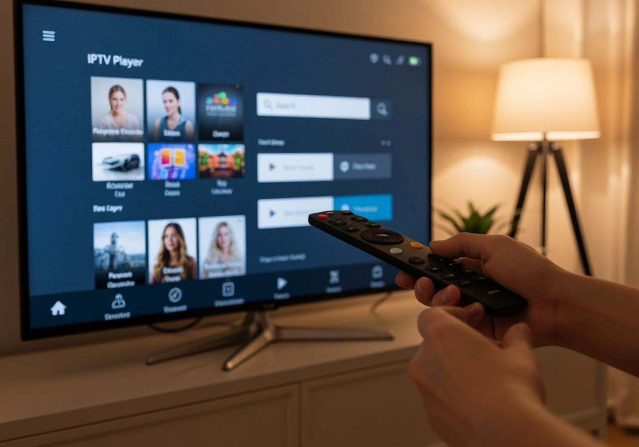 Télécommande pointée vers Smart TV affichant l'interface du lecteur IPTV