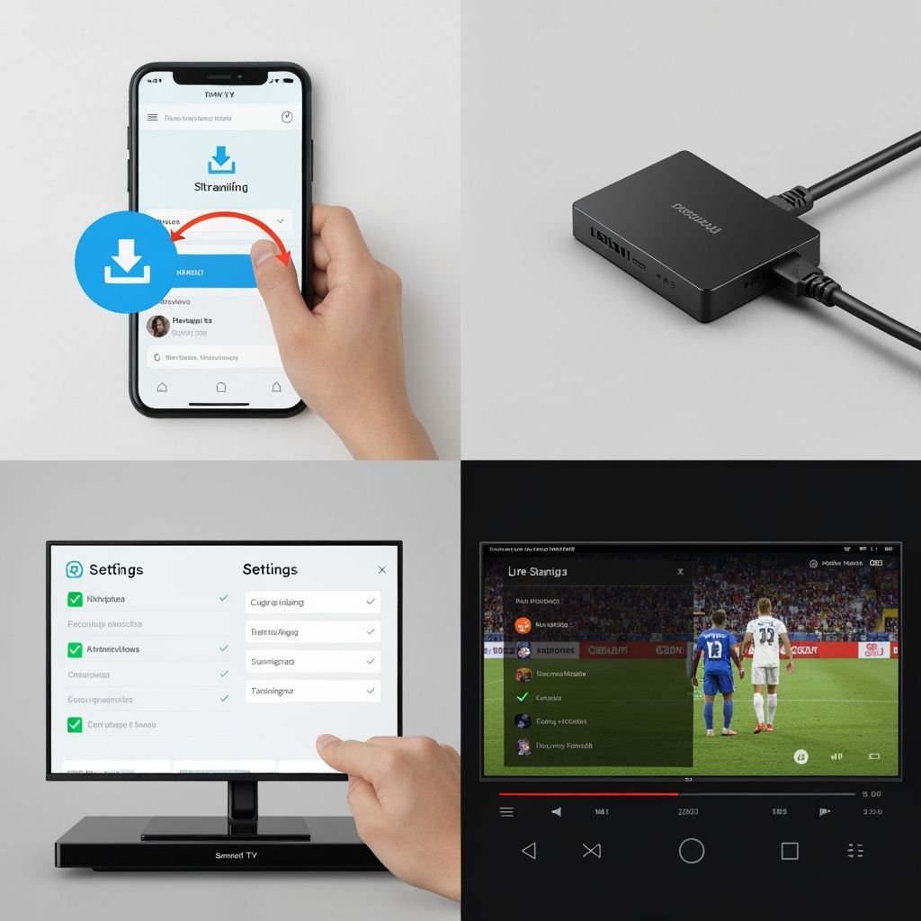 Quatre étapes : application mobile, appareil streaming, configuration TV, et lecture vidéo en direct.