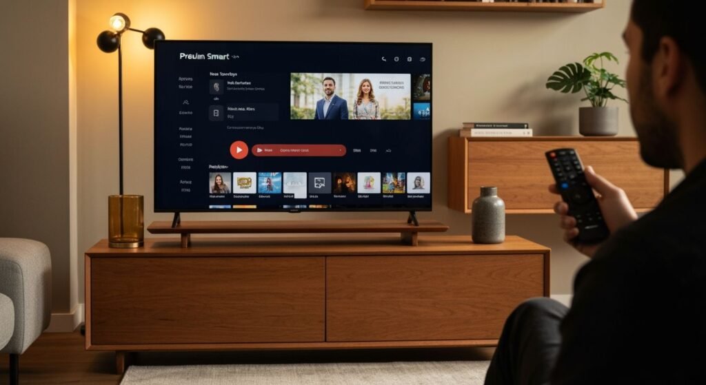 Personne regardant un lecteur vidéo sur Smart TV avec interface de streaming moderne et télécommande.