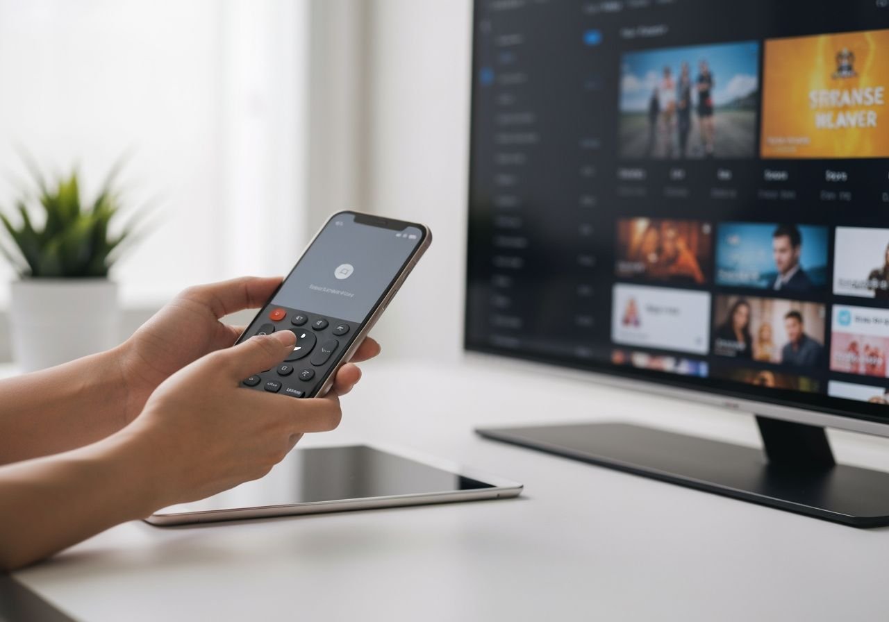 Mains tenant smartphone et télécommande pointés vers TV avec interface de lecteur vidéo.