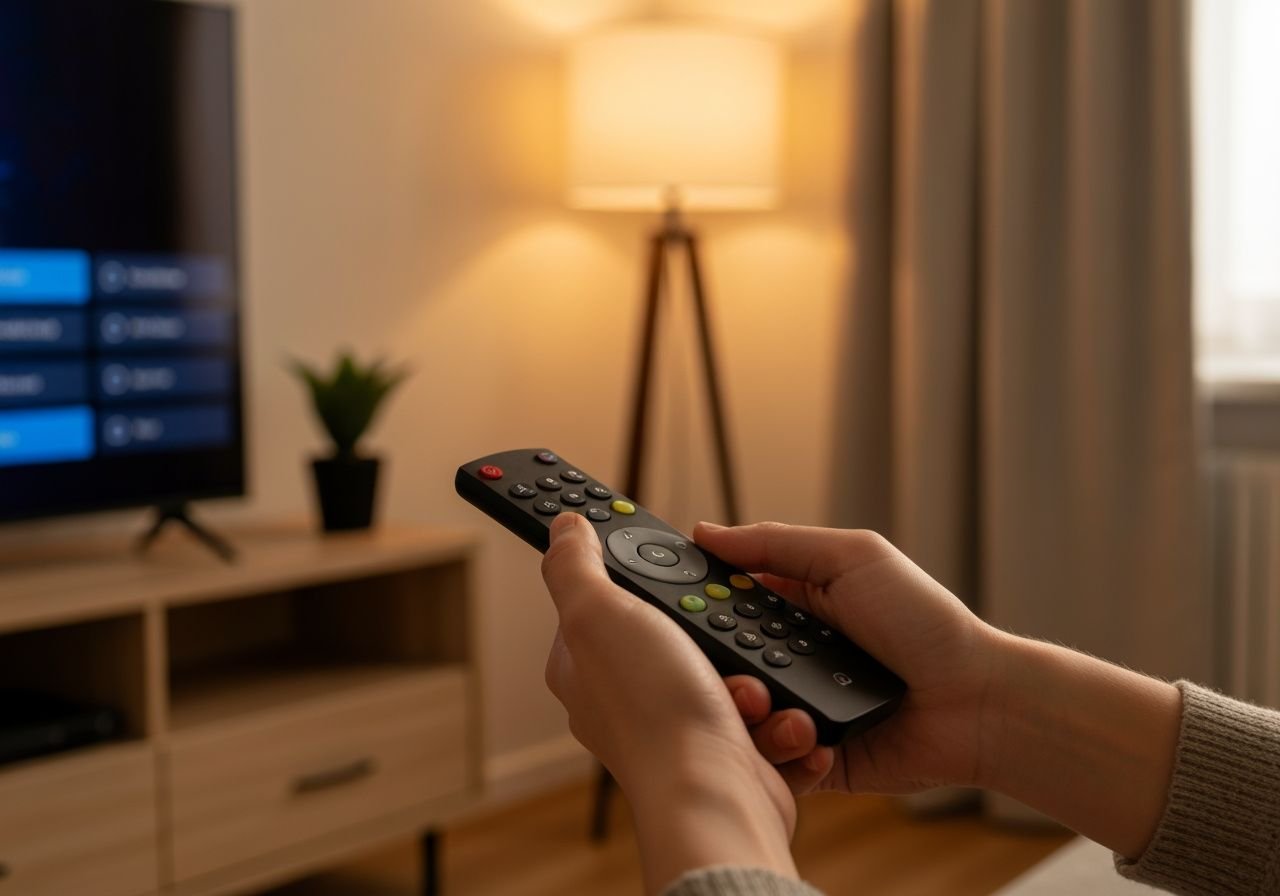 Télécommande pointée vers un écran Smart TV affichant le menu de configuration d'une application