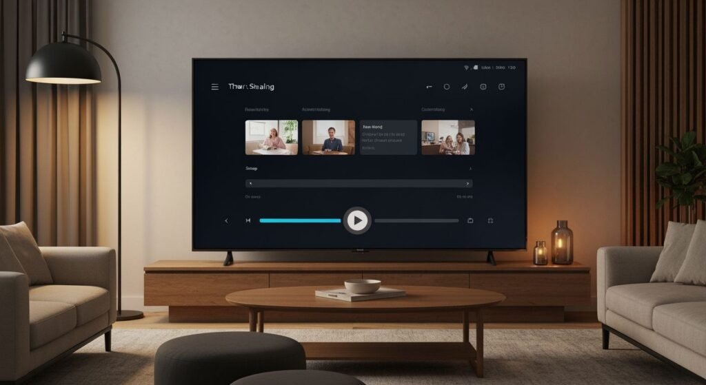 Écran Smart TV affichant une interface de lecteur vidéo avec menu de configuration et contrôles de lecture visibles