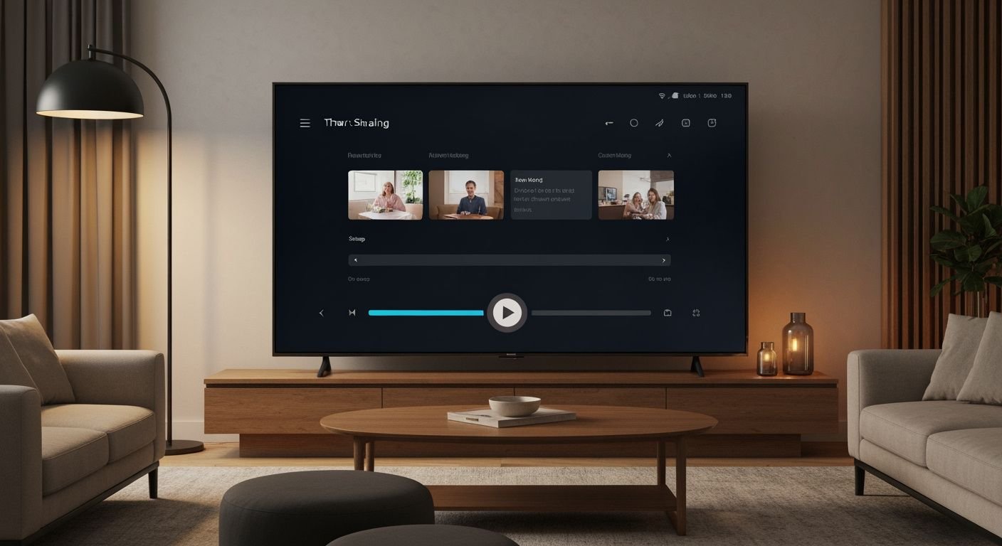Écran Smart TV affichant une interface de lecteur vidéo avec menu de configuration et contrôles de lecture visibles