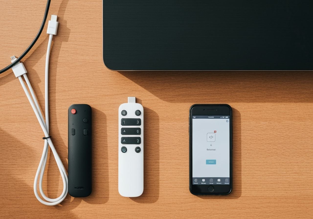 Configuration complète d'un lecteur IPTV avec télécommande, câbles et instructions sur smartphone