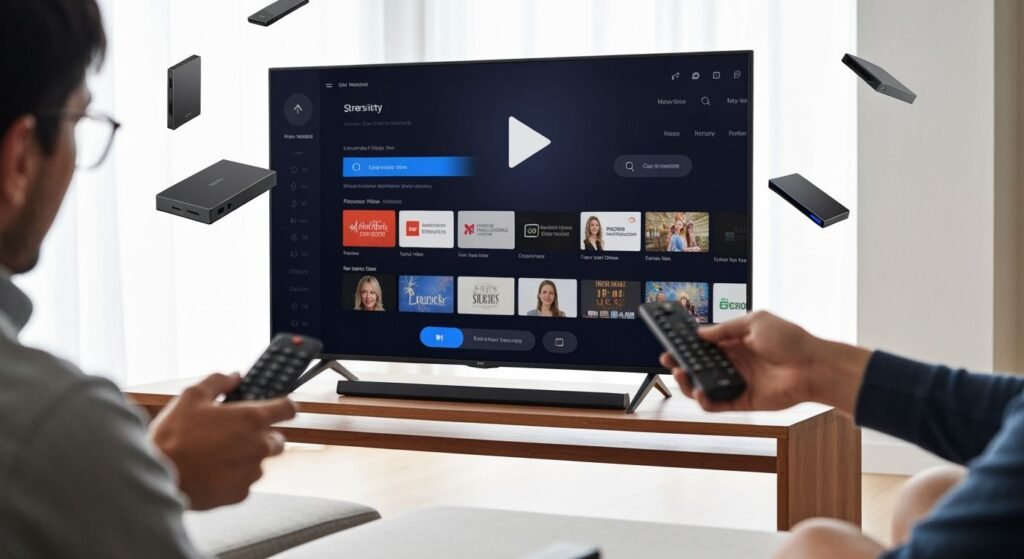 Téléviseur moderne affichant une interface de lecteur IPTV avec télécommande et appareils de streaming