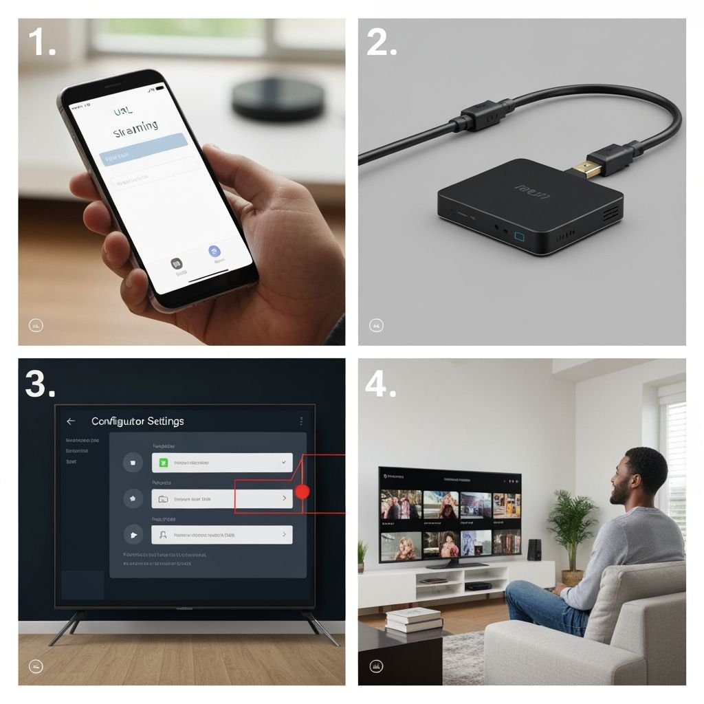 Guide visuel en 4 étapes : configuration URL, connexion HDMI, paramètres TV et lecture de contenu