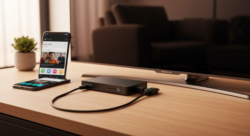 Lecteur IPTV connecté à un téléviseur avec smartphone affichant l'interface de streaming
