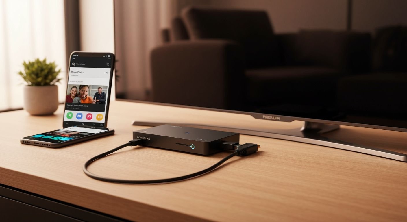 Lecteur IPTV connecté à un téléviseur avec smartphone affichant l'interface de streaming
