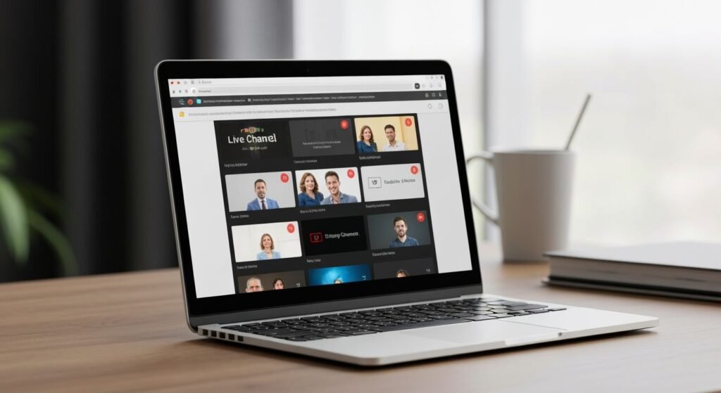 Ordinateur portable affichant un lecteur IPTV web dans le navigateur avec chaînes en direct