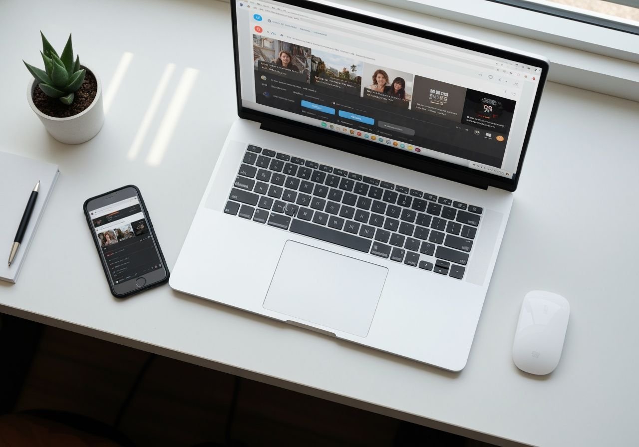 Espace de travail avec ordinateur portable et smartphone synchronisés pour regarder IPTV en ligne