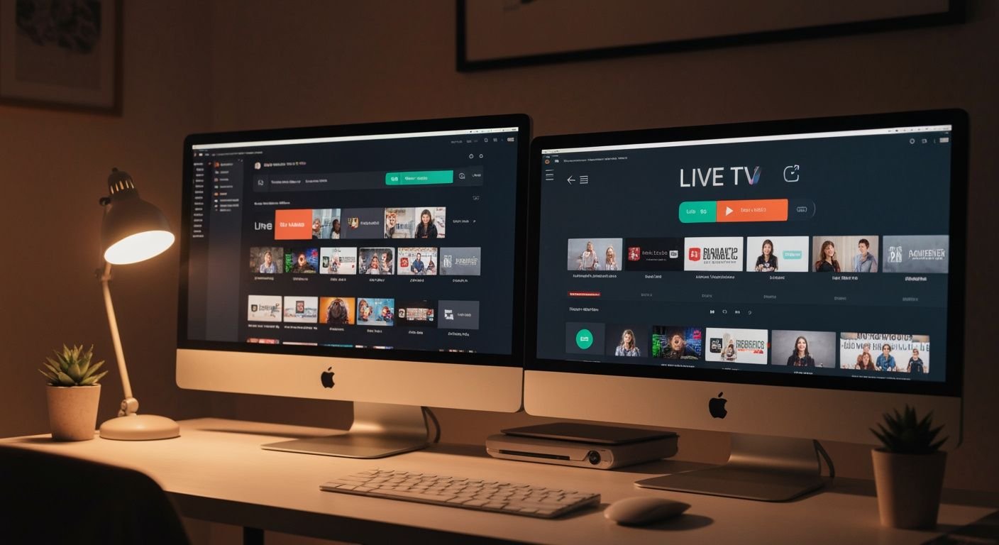Ordinateur de bureau affichant une interface de lecteur IPTV avec chaînes en direct et contrôles de lecture