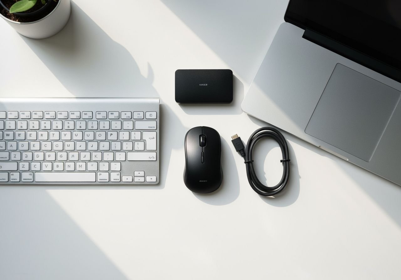 Accessoires informatiques et câbles HDMI disposés près d'un ordinateur portable pour configuration streaming
