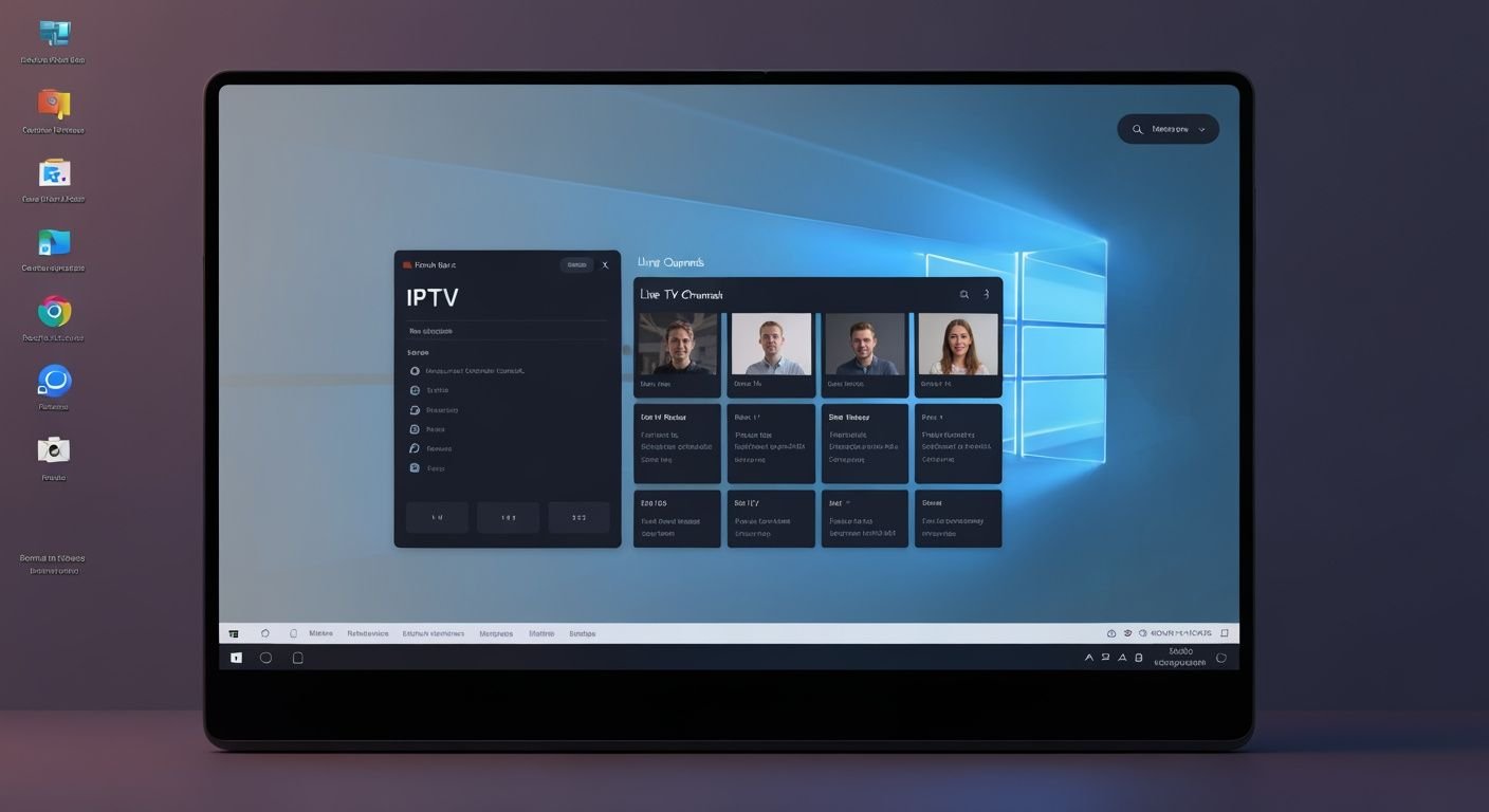 Interface d'application IPTV moderne sur écran Windows avec grille de chaînes en direct