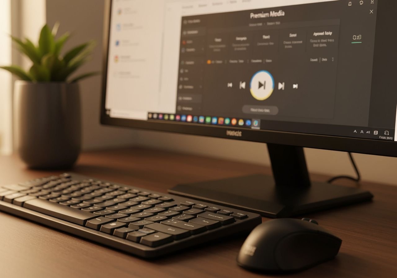 Configuration de bureau Windows avec lecteur IPTV professionnel et contrôles de lecture visibles