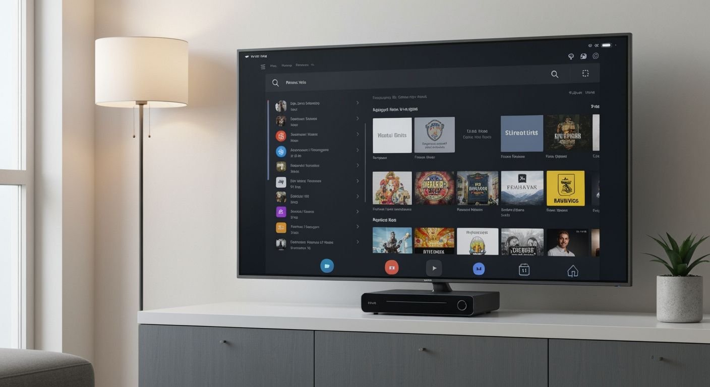 Lecteur IPTV connecté à une Smart TV moderne affichant une interface de streaming épurée et fluide