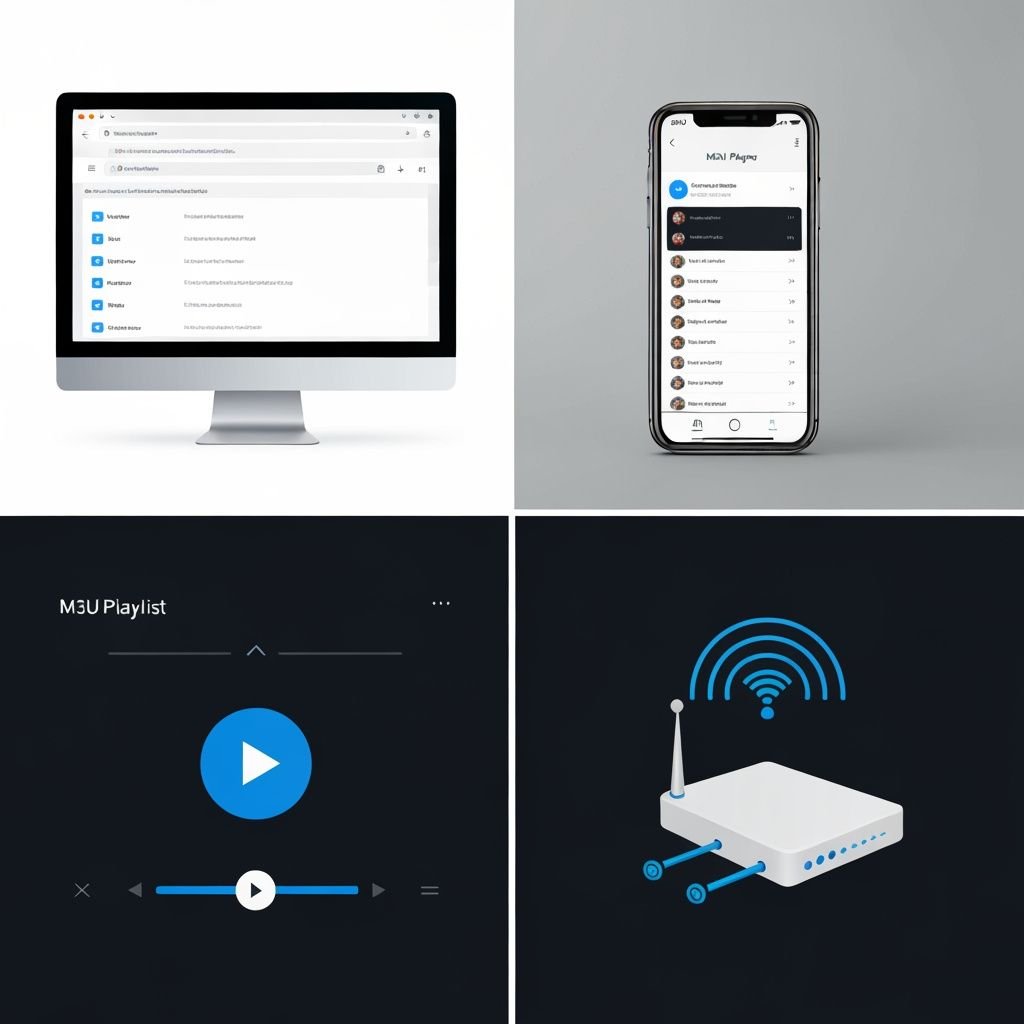 Quatre étapes : lecteur M3U sur ordinateur, application mobile, contrôles de lecture, et connexion internet pour streaming.