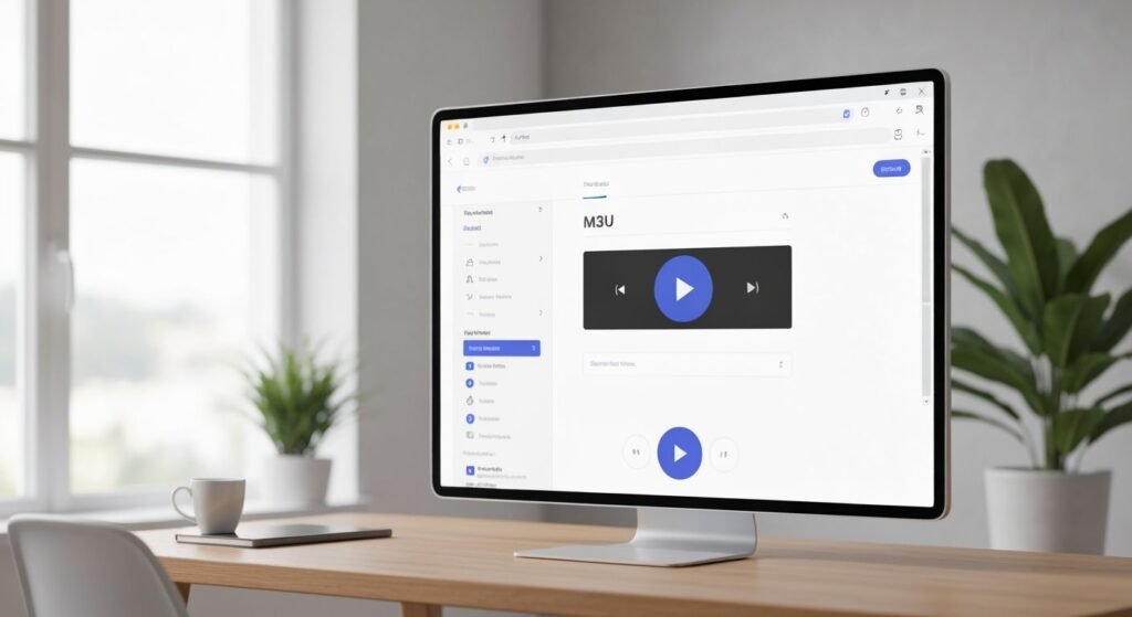 Interface de lecteur M3U en ligne dans un navigateur web avec contrôles de lecture et liste de chaînes.