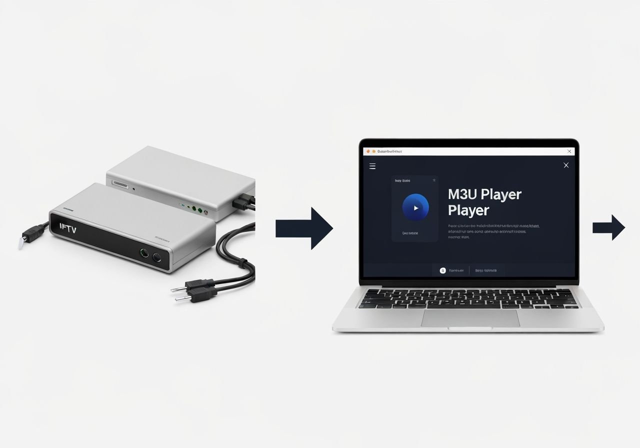 Comparaison entre configuration IPTV traditionnelle et lecteur M3U moderne en ligne.