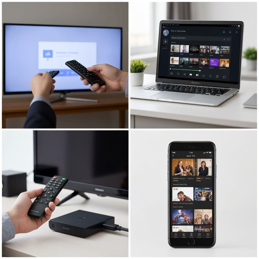 Quatre étapes d'installation et utilisation : télécommande, application ordinateur, boîtier HDMI, guide TV mobile