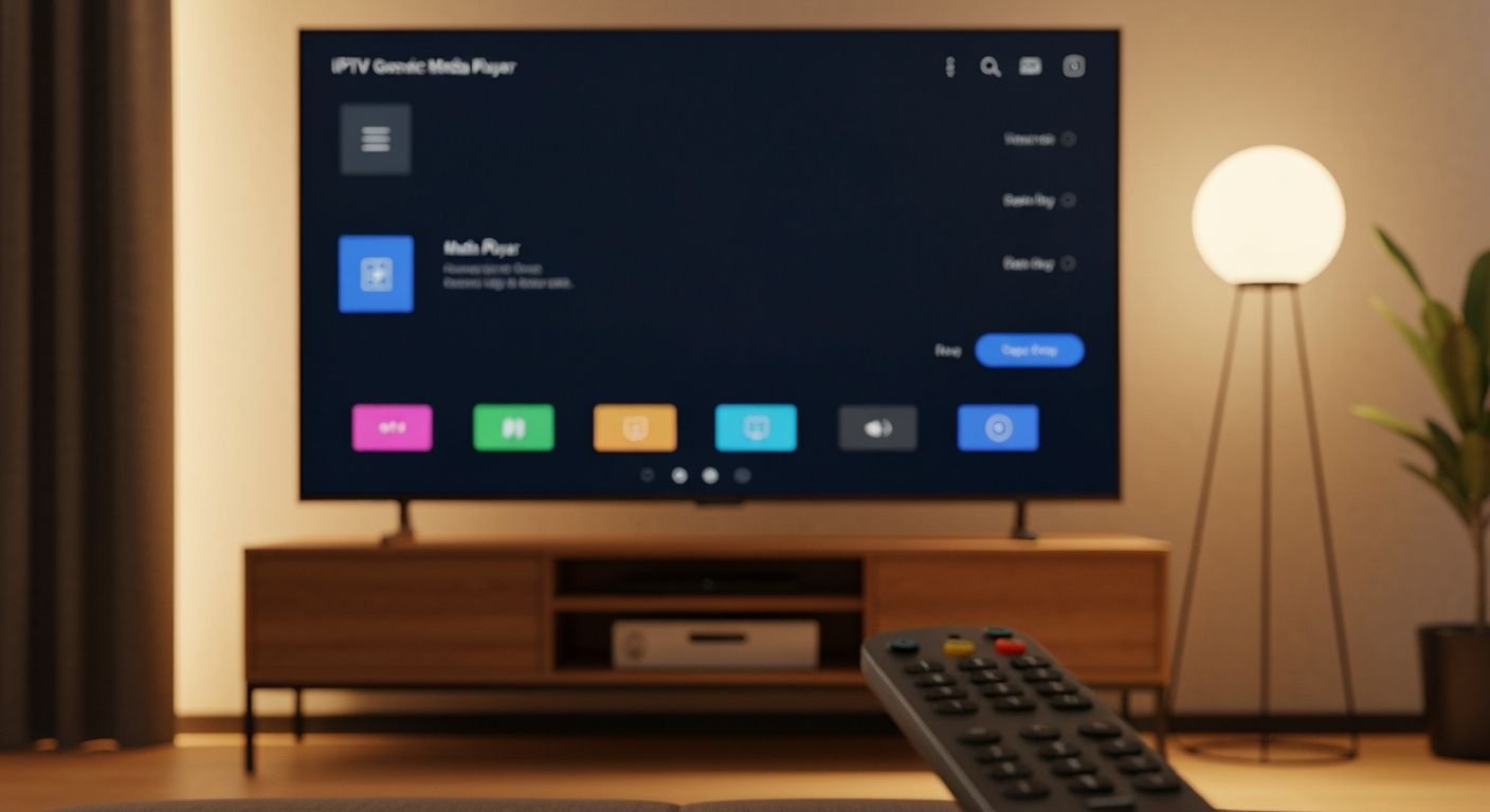 Interface de lecteur IPTV sur écran TV avec télécommande sans fil en avant-plan