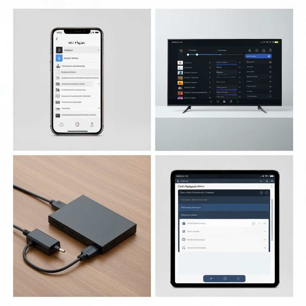 Quatre étapes d'intégration IPTV : fichier M3U sur smartphone, lecteur sur Smart TV, boîtier streaming et configuration...