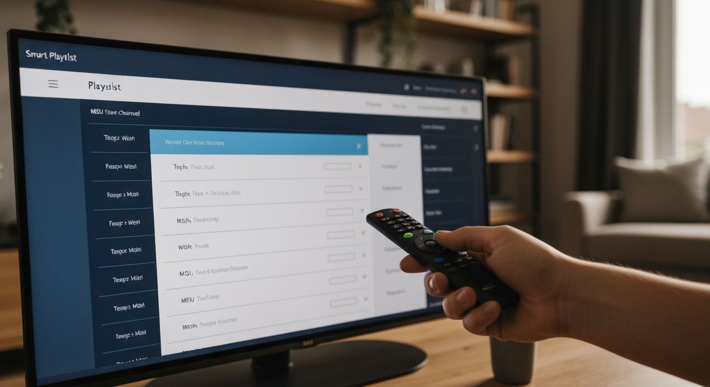 Écran Smart TV affichant une interface de lecteur IPTV avec menu de playlist M3U et télécommande.