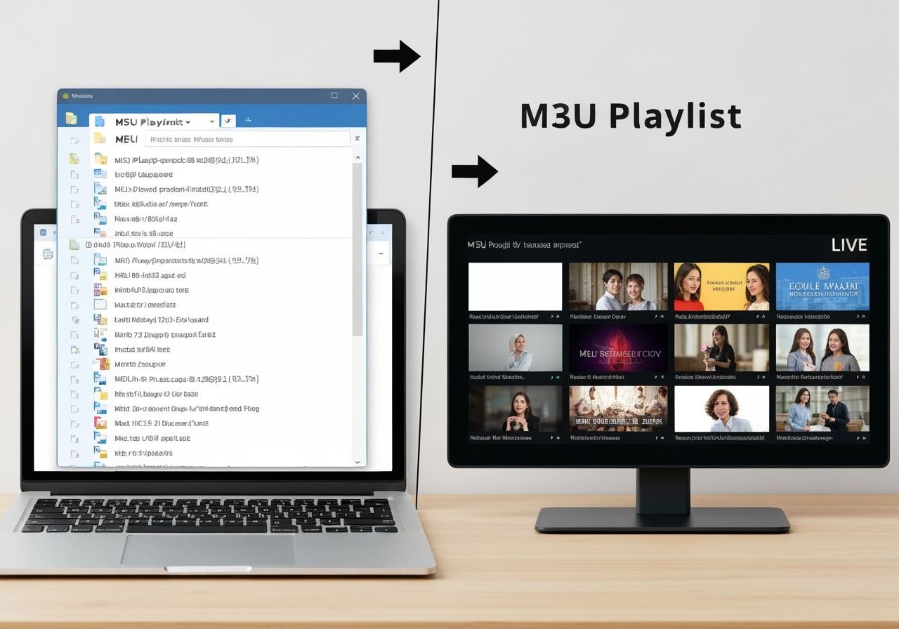 Flux de travail : fichier M3U sur ordinateur synchronisé vers un lecteur IPTV sur Smart TV.