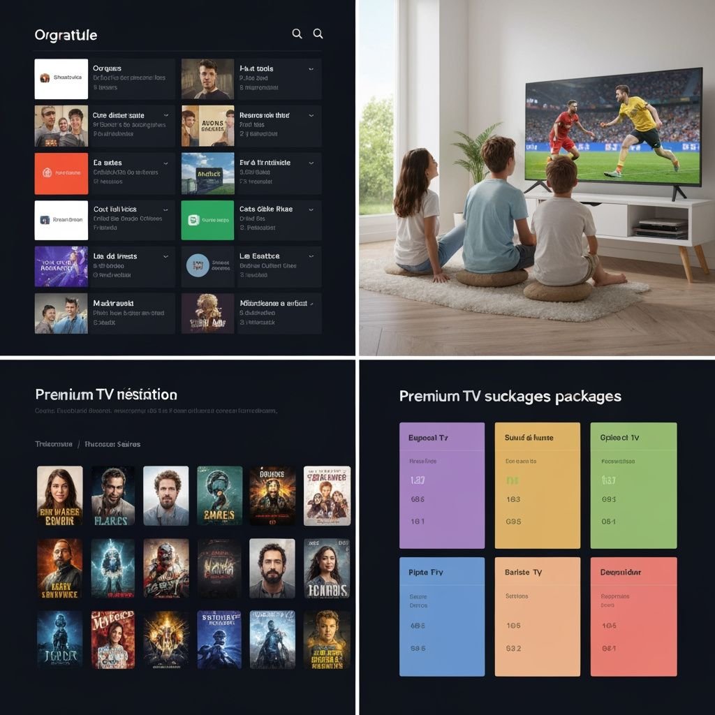 Guide visuel des chaînes IPTV : sélection, sports, films, séries et bouquets d'abonnement.