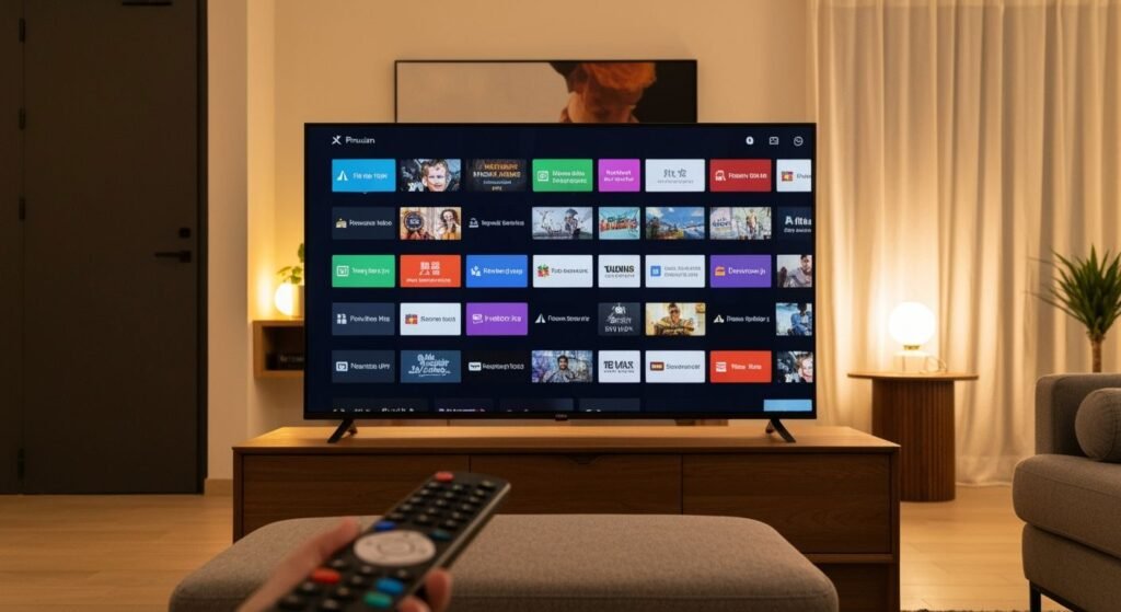 Téléviseur moderne affichant une sélection de chaînes IPTV et contenus de divertissement variés.