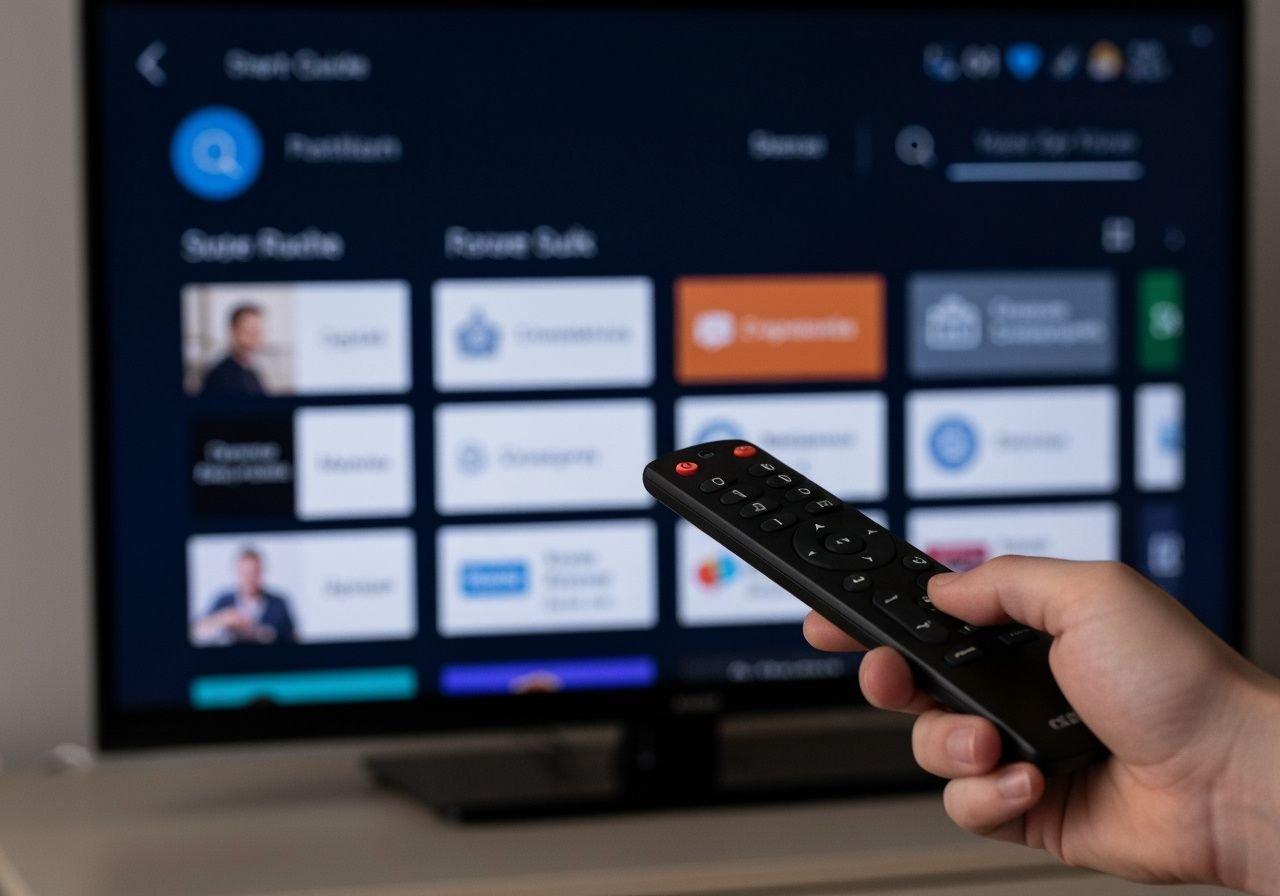 Télécommande pointée vers un téléviseur affichant un guide des chaînes IPTV.