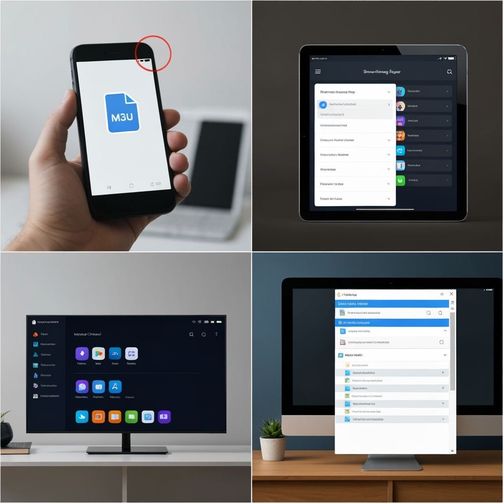 Quatre étapes d'importation de playlist IPTV : sélection fichier, interface lecteur, affichage TV, gestion fichier.
