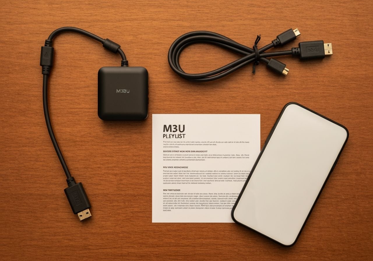 Configuration de bureau avec appareil de streaming, câble HDMI, smartphone et fichier playlist M3U.