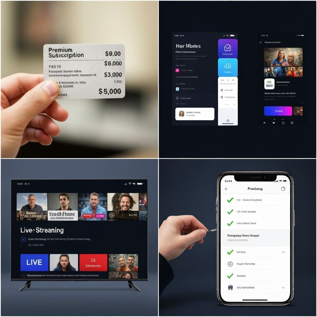 Grille de quatre images montrant cartes d'abonnement, interfaces de streaming, Smart TV et tableau comparatif de prix.