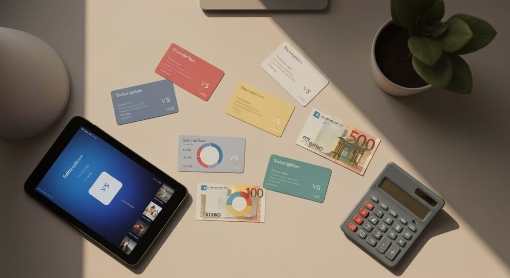 Comparaison d'abonnements IPTV avec cartes tarifaires et tableau de prix sur bureau professionnel.