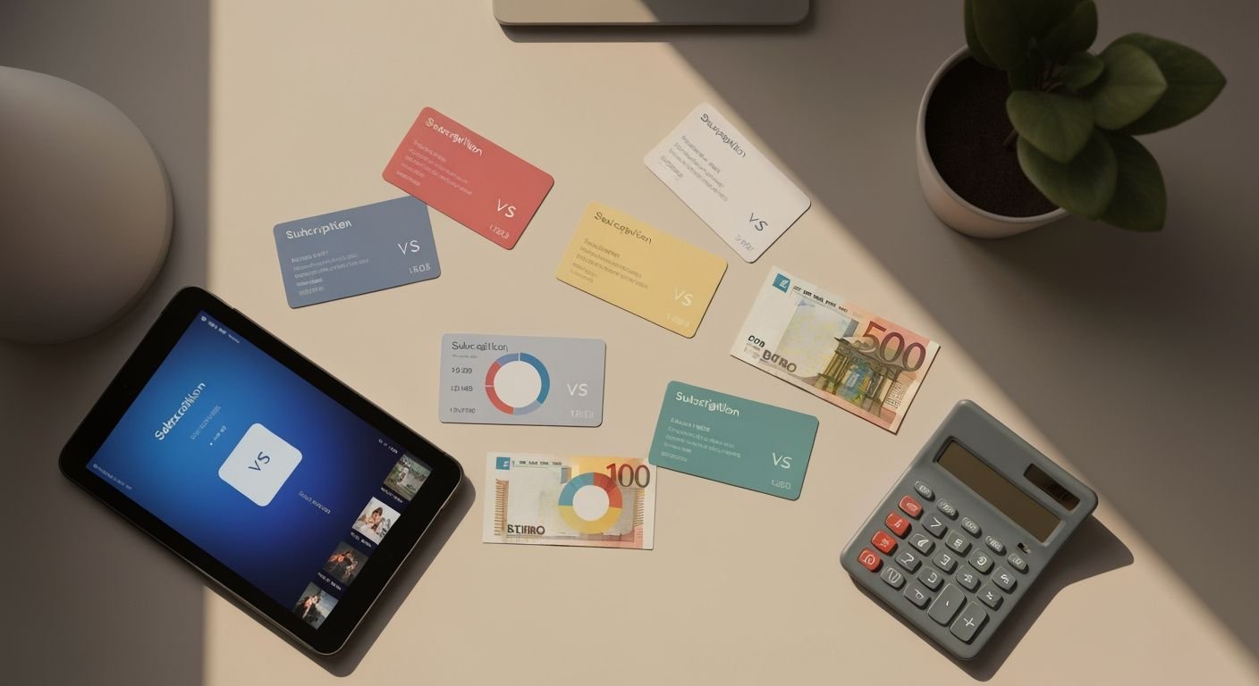 Comparaison d'abonnements IPTV avec cartes tarifaires et tableau de prix sur bureau professionnel.