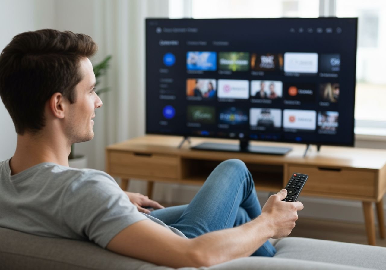 Personne regardant la télévision sur Smart TV moderne avec interface de streaming générique en arrière-plan.
