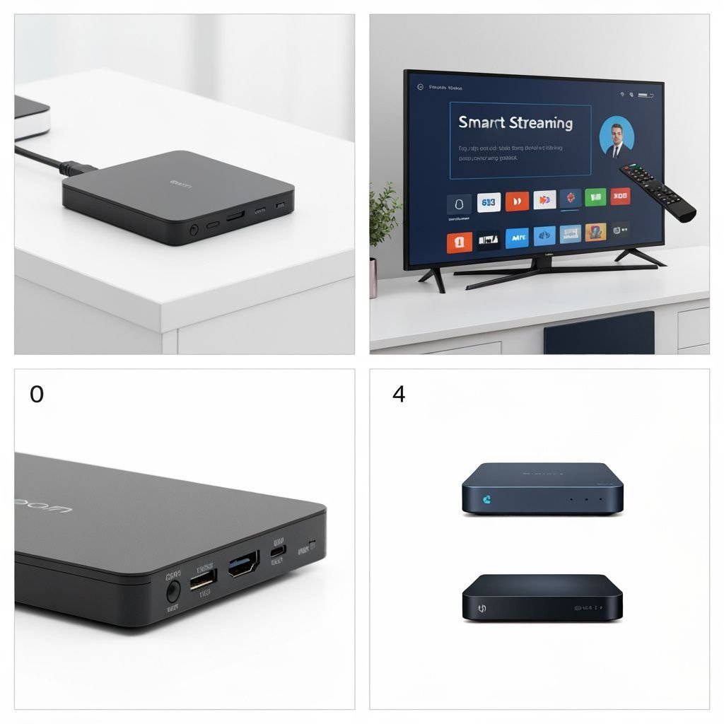 Quatre vues : boîtier IPTV, téléviseur, ports de connexion et comparaison de modèles